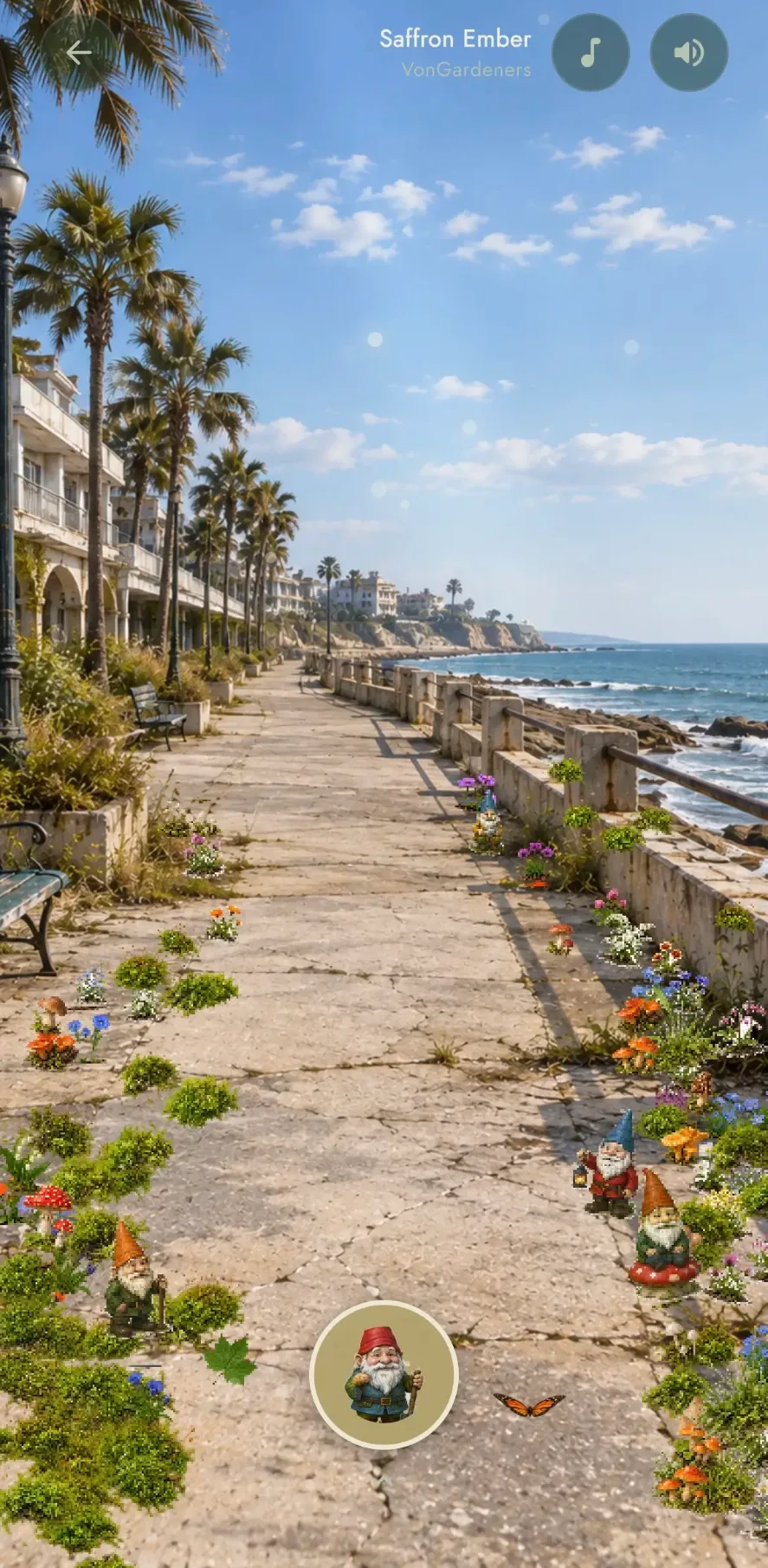A sunlit seaside promenade in Flourish, planted with flowers and small gnomes