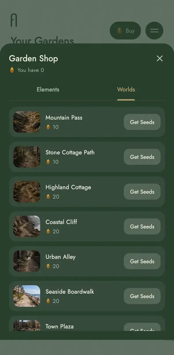 The Flourish garden shop, listing worlds to visit