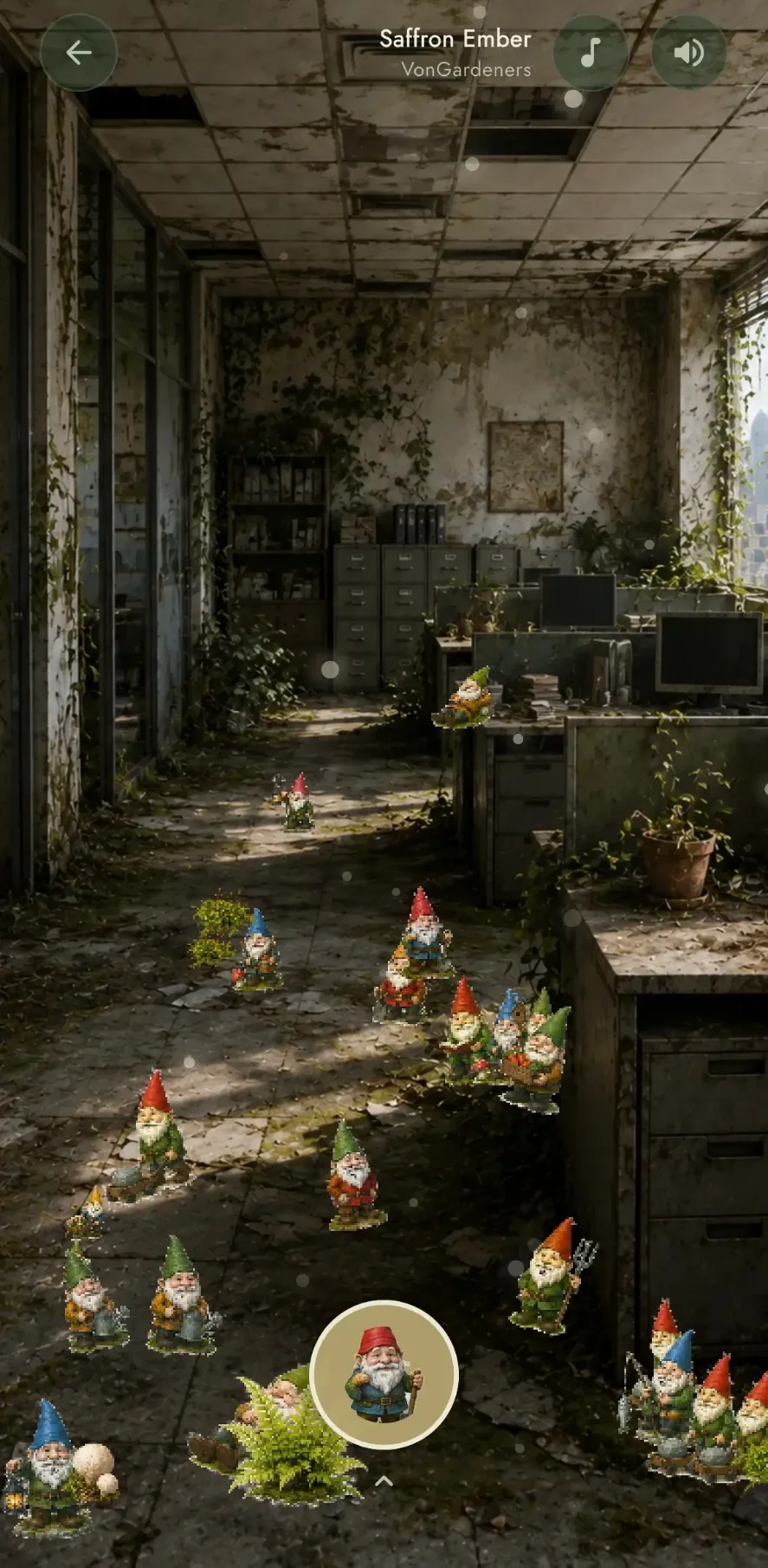 An abandoned office in Flourish filled with gnomes and creeping ivy