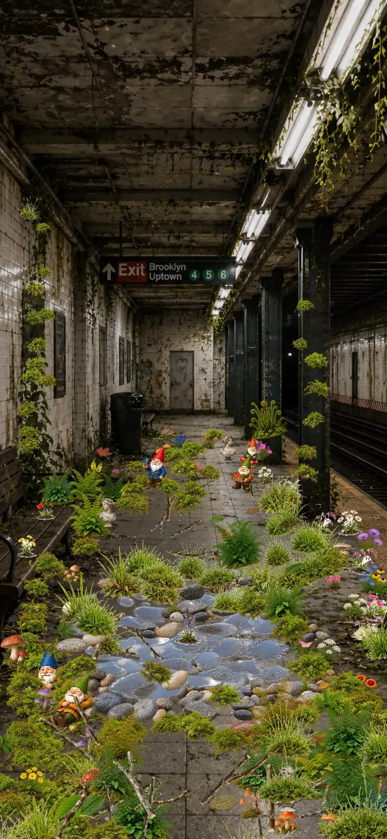 An abandoned subway platform in Flourish, overgrown with moss, ferns and wildflowers