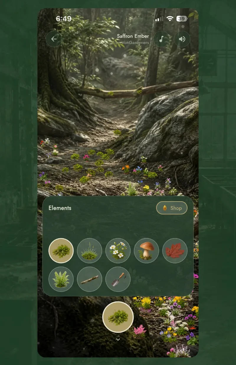 The Elements tray in Flourish with moss, grass, flowers, mushrooms, ferns and tools