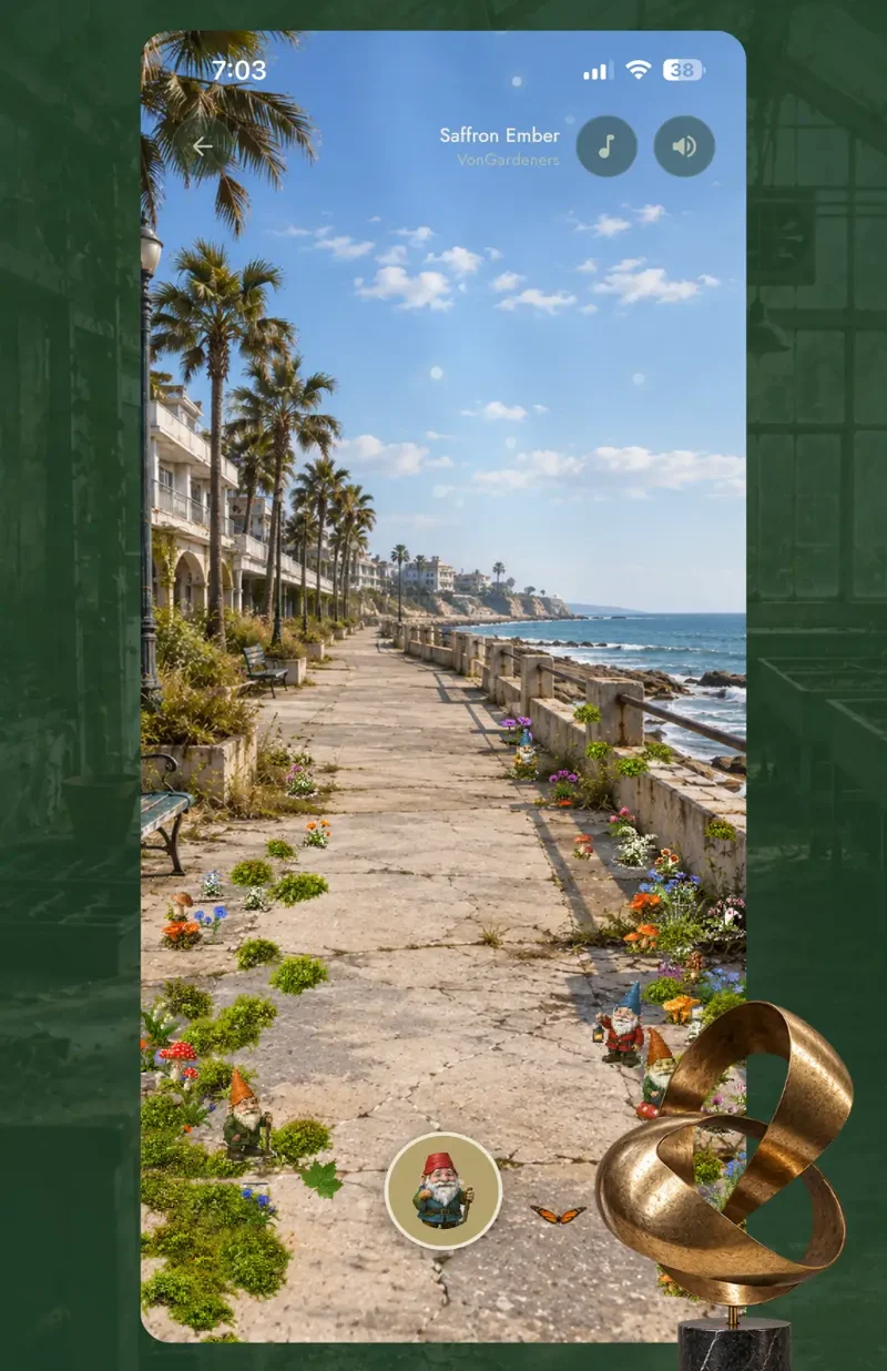 A sunlit seaside promenade in Flourish, planted with flowers and small figures