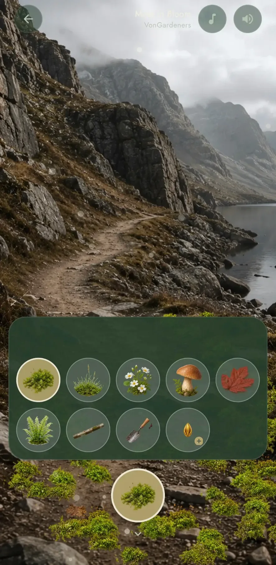 A misty mountain pass in Flourish with the elements tray open